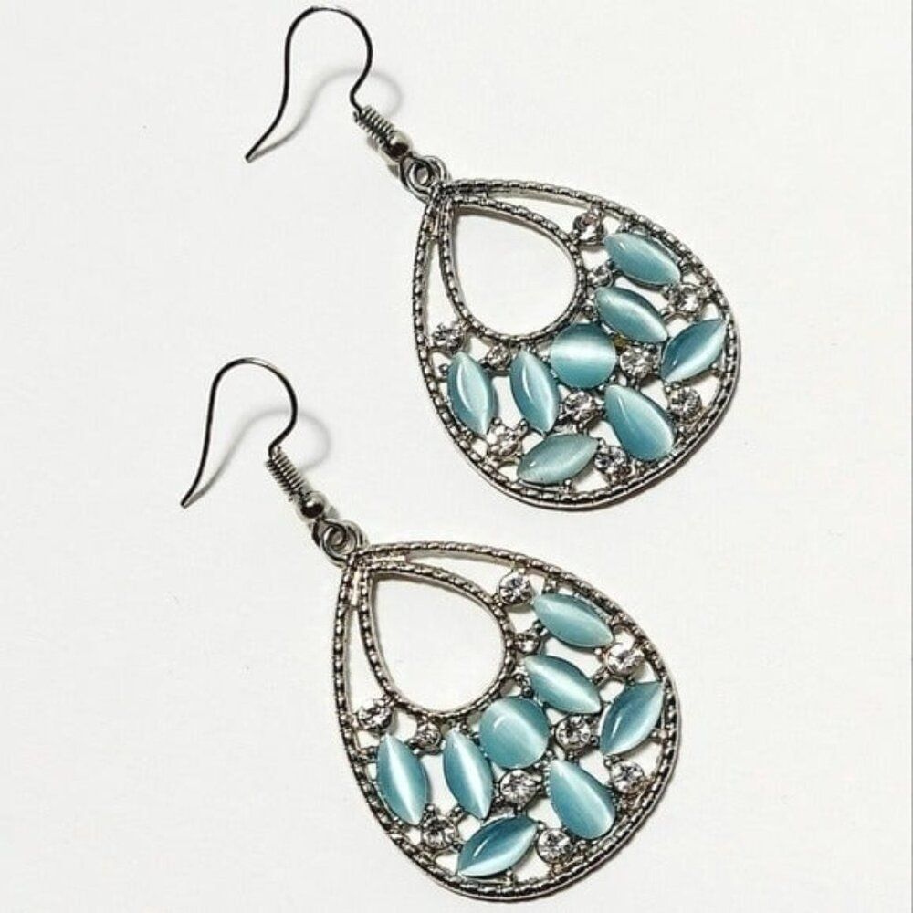 * Silver Toned Tear Drop Double Hoop Drop Earrings cat eye beads Rhinestone 2"
